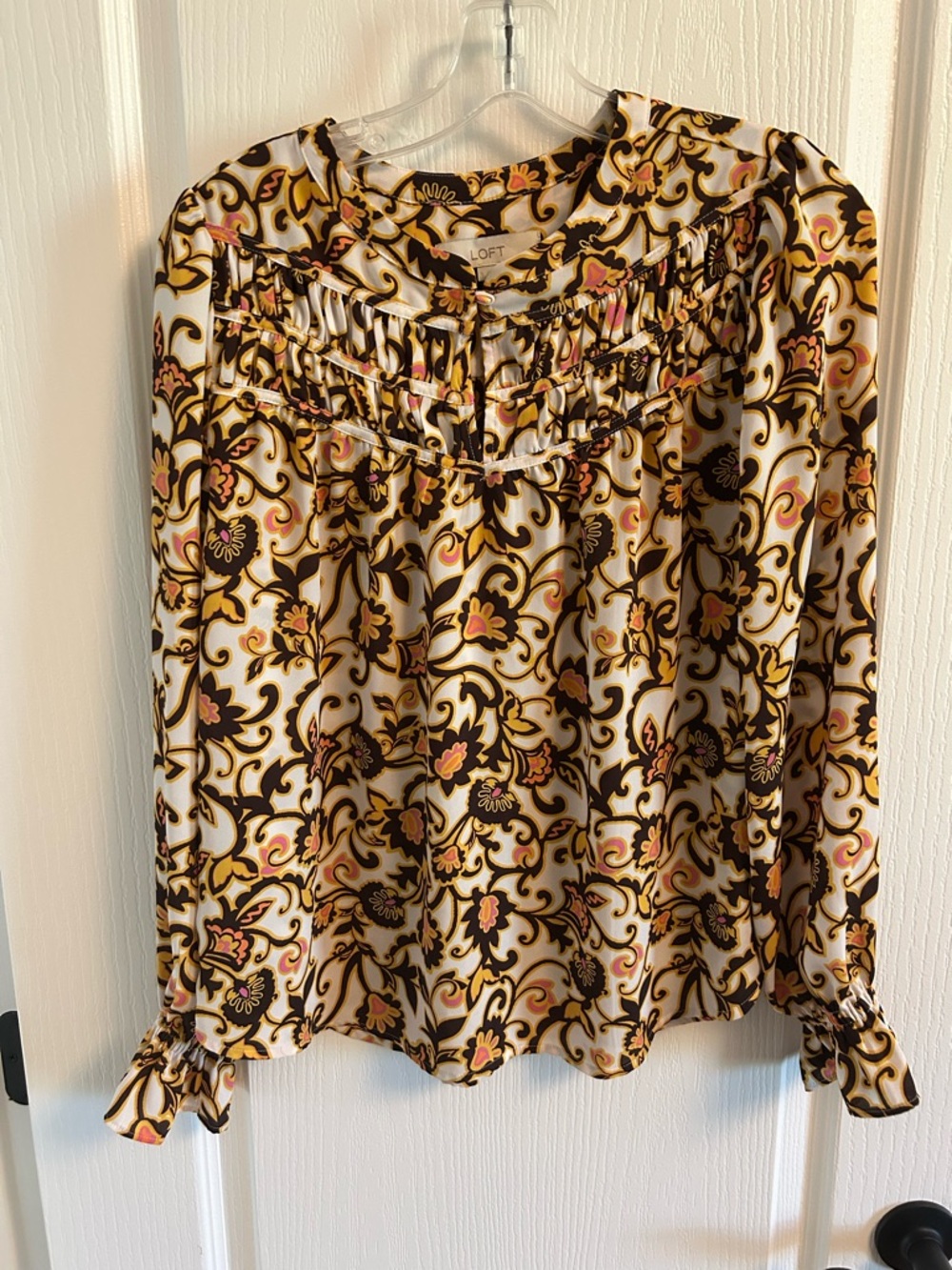 LOFT Cream Floral-Scroll Smocked Yoke Blouse with Brown & Gold Motif